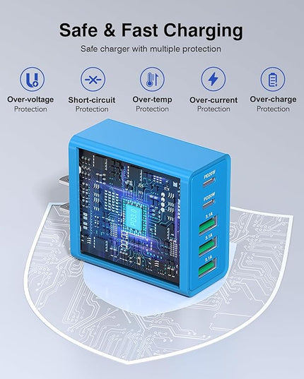 [2-Pack] USB C Wall Charger, 60W USB C Charger Block 5-Port PD Fast Charging Blocks,2USB C+3USB A Multiport Plug,Type C Power Adapter Brick Cube for iPhone17/16/15/14/Pro,iPad,Samsung,for Switch（Blue）