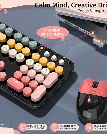 Wireless Keyboard and Mouse, MOFII 104 Round Keycaps Retro Typewriter with OTG & Brush, Full-Size Ergonomic, Ideal for Windows PC, Home, Office and College Rainbow Red