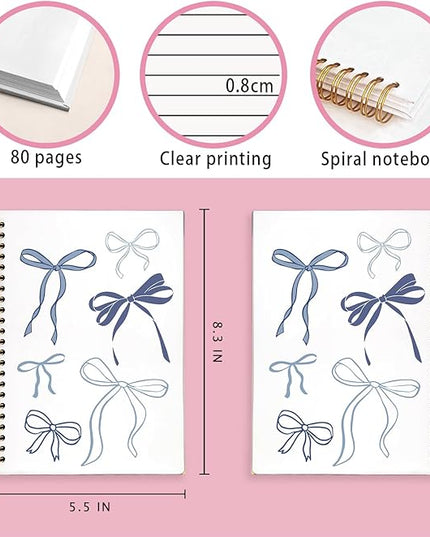 Blue Coquette Bow Notebook, Preppy Girly Notebooks for Note Taking, Trendy Preppy Blue Bow Journal, Aesthetic Journals for Writing, Coquette Girly Office Supplies, 5.5x8.3 Inch