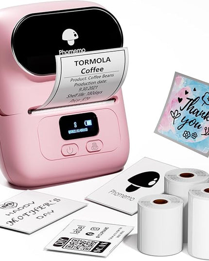 Phomemo M110 Label Maker Machine- with 3 Label Bluetooth Label Maker for for Business Labeling, Barcode, Office, Cable, Retail, with Fonts Choose, Icons, Templates, Pink