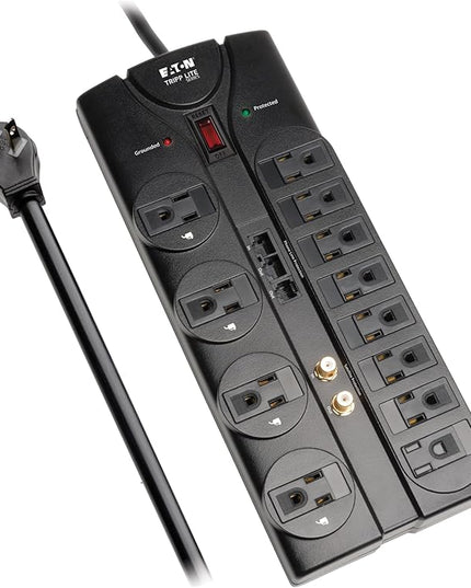 Eaton Tripp Lite TLP1208SAT Home Theater Surge Protector Power Strip, 12 Outlets, Flat Plug 8ft Extension Cord, 2880 Joules Coax, RJ11 and RJ45 Port for Phone, TV, WiFi Router, & Ethernet Protection