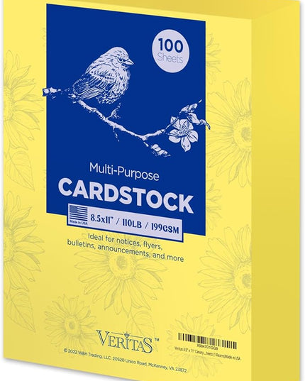 Veritas Yellow Colored Cardstock, 8.5" x 11" Colored Copy paper, 110LB/199GSM Printer Paper, 100 Sheets (1 Reams), Colored Multi-Purpose Paper, Made in USA