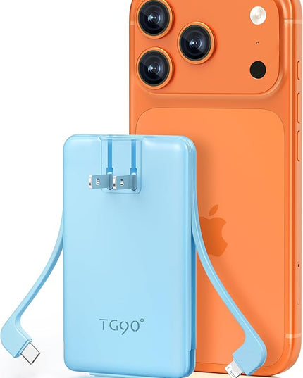TG90° Portable Charger Built-in AC Wall Plug and Cables, Slim Fast Charging Power Bank 5000mAh, Pocket Size USB C External Battery Pack Compact Travel Charger Compatible with iPhone, Samsung