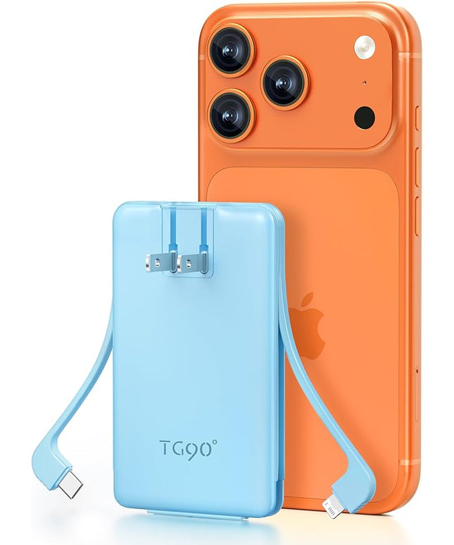 TG90° Portable Charger Built-in AC Wall Plug and Cables, Slim Fast Charging Power Bank 5000mAh, Pocket Size USB C External Battery Pack Compact Travel Charger Compatible with iPhone, Samsung