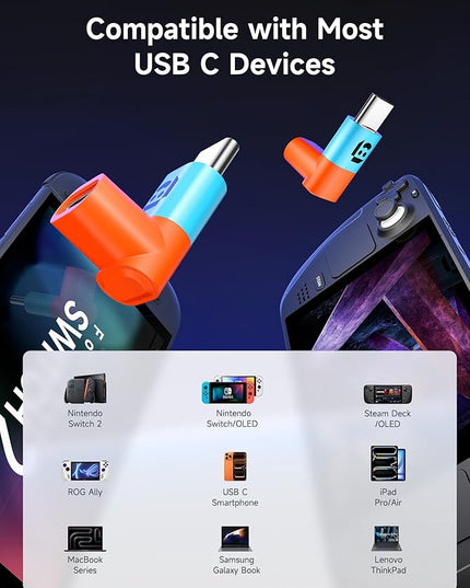 JSAUX 90 Degree USB C to USB C Adapter 2-Pack, 100W 40Gbps Data Transfer Right Angle Type-C Adapter for Steam Deck, Switch 2, ROG Ally, iPhone 15/16/17/Air, Tablets, Laptops & Phones - Blue&Orange