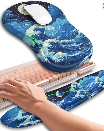 Hokafenle 2in1 Combination, Wave Keyboard Wrist Rest and Ergonomic Curvature Mouse Pad Wrist Support for Relieve Wrist Pain, Filled with Soft Cushion Memory Foam, Crescent Waves