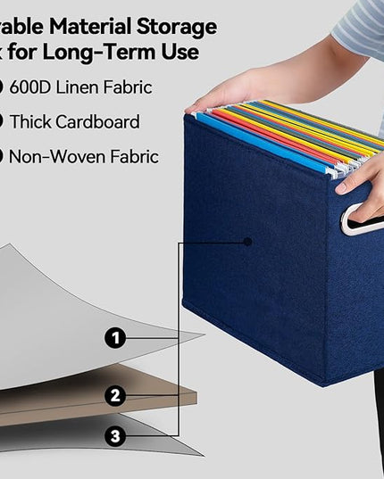 4 Pack Letter Size File Storage Box Collapsible, Fabric Hanging File Folders Organizer, Portable Office Document Holder with Metal Handle, Smooth PVC Rails, Blue