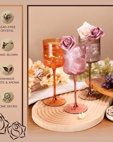Colored Square Wine Glasses Set of 6, Elegant Ribbed Design Colorful Crystal Glassware with Long Stem, 11.5oz Hand Blown Stemware For Red & White Wine Home Bar Party- Multicolour