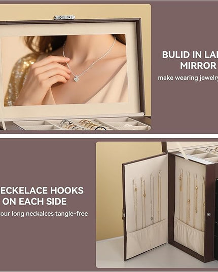Frebeauty Large Jewelry Box,6-Tier PU Leather Jewelry Organizer,Multi-functional Storage Case with Mirror,Accessories Holder with 5 Drawers for Necklace Bracelets Watches(Dark Brown)