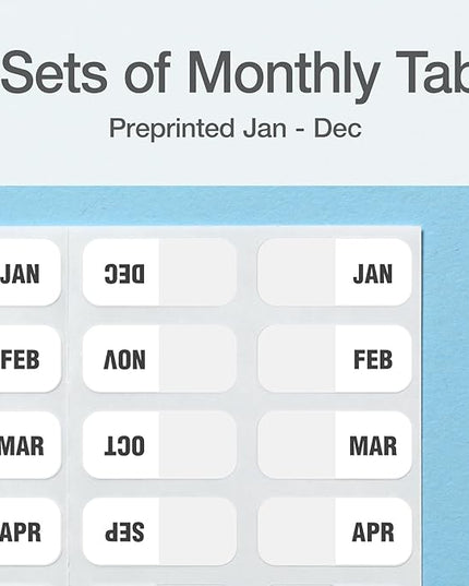 Redi-Tag Monthly Adhesive Tabs, Preprinted Tabs, 8 Sets of Jan-Dec Plus Bonus Blank Tabs, 7/17" x 1", Durable and Customizable Labels with Permanent Adhesive for Planners and Files, White (1006546)