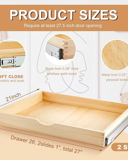 Menkxi 2 Set Pull out Tray Cabinet Organizer Wooden Pull Drawers storage Slide out Pantry Shelf for Base Cabinet Kitchen Gentle Close Fully Assembled Accessories(Wood Color,27'' X 21'' X 3")
