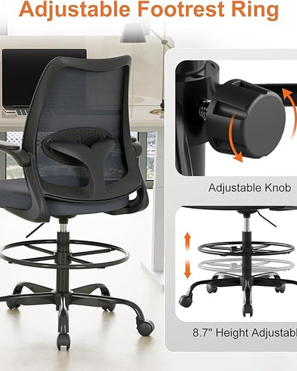 Drafting Chair,Tall Office Chair with Adjustable Footrest Ring,Lumbar Support,Ergonomic High Desk Seat,Flip-Up Armrests,Breathable Mesh Standing Stool for Home Office,Grey