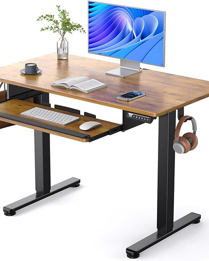 ErGear Electric Standing Desk with Keyboard Tray, 44x24 Inches Adjustable Height Sit Stand Up Desk, Home Office Desk Computer Workstation, Vintage Brown