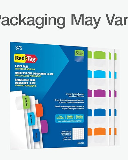 Redi-Tag Laser Printable Tabs, Permanent Index Tabs, Customizable Adhesive Labels, Assorted Tropical Colors, 1.125" x 1.25", 375 Per Pack (1006789)