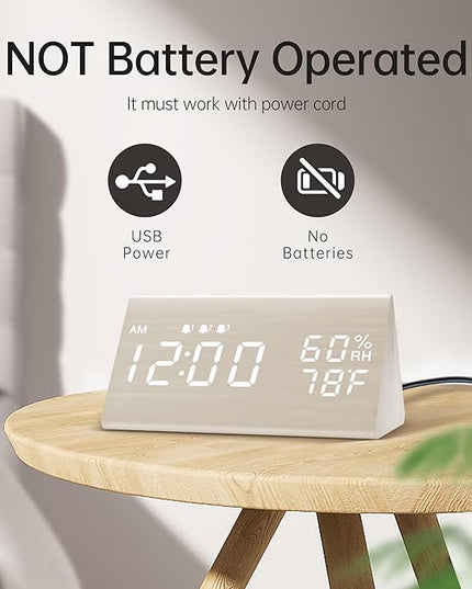 Digital Alarm Clock, with Wooden Electronic LED Time Display, 3 Alarm Settings, Humidity & Temperature Detect, Wood Made Electric Clocks for Bedroom, Bedside (White)