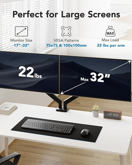 HUANUO Dual Monitor Mount for 2 Monitors up to 32 inches, Each Arm Holds Max 22lbs, Dual Monitor Stand with Advanced System, Height-Adjustable/Tilt/Swivel/Rotate, VESA Standard 75mm or 100mm