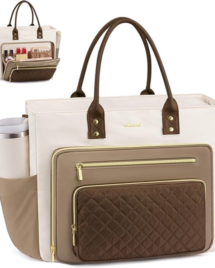 LOVEVOOK Teacher Tote Bag for Women Work, Laptop Bag With Large Cup Holder, Nurse Bags Professional Briefcase Business Computer Purses Handbag Gifts,Khaki-Beige-Coffee,15.6 Inch