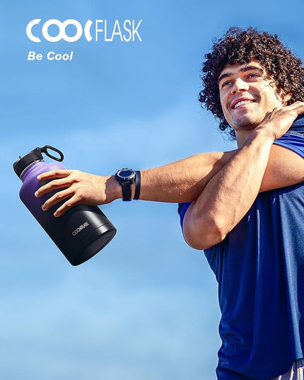 Coolflask Half Gallon Water Bottle Insulated with Straw & 3 Lids, 64 oz Water Jug Large Metal Stainless Steel Wide Mouth for Sports, Gym or Office, Non-BPA Keep Cold 48H Hot 24H, Purple Black