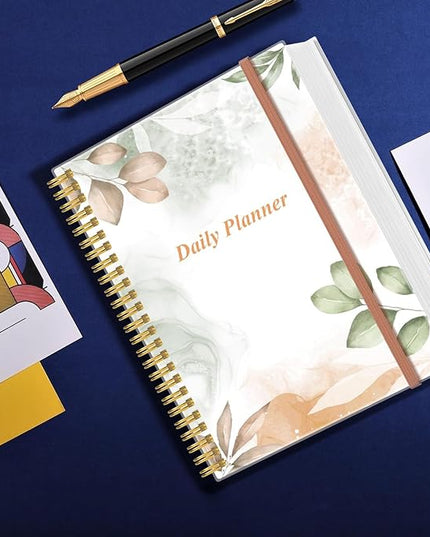 Daily Planner Undated - 8.5" x 11" To Do List Notebook Hourly Schedules, 150 Sheets/300 Pages Spiral Appointment Planner for Women and Men,PVC Hardcover, Inner Pocket, Elastic Closure, Rose Leaf