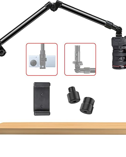 Overhead Camera Mount Desk Stand, Bearing 18lb, Base& Top 360° Adjustable, with 1/4“ 3/8" 5/8" Screw, 3-Section Flexible Articulating Metal Arm for DSLR Camera/Webcam