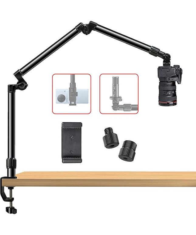 Overhead Camera Mount Desk Stand, Bearing 18lb, Base& Top 360° Adjustable, with 1/4“ 3/8" 5/8" Screw, 3-Section Flexible Articulating Metal Arm for DSLR Camera/Webcam