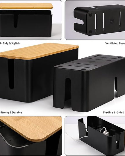 ZhiYo Bamboo Lid Cord Organizer Box, Safe ABS Cable Management Box for TV and Computer, Wood Cover Cord Hider to Hide Wires, Router, USB Hub & Under Desk Power Strip, 1 Pack L13.1 xW5.6 xH5.6 Black