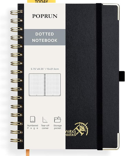 POPRUN Spiral Dotted Journal Notebook, [A5-5.75'' x 8.25''] - 120 GSM Thick Paper, 141 Numbered Pages, Hardcover for Men & Women with Pocket, Index Tabs, 8 Perforated Sheets, Black