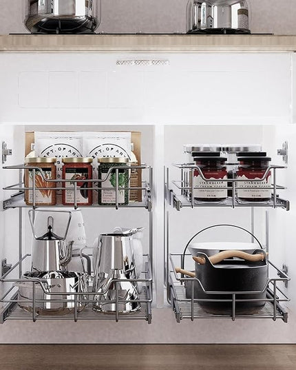 2 Tier Pull Out Cabinet Organizer 11" W X 17" D, Slide Out Drawers for Kitchen Cabinets, Pull Out Drawers for Cabinets Capacity Heavy Duty Caddy, Cabinet Pullout Shelves Chrome-Plated,Bathroom Pantry