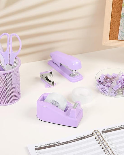 SKYDUE Purple Desk Accessories, Purple Office Supplies Set, Stapler, Tape Dispenser, Scissors, Binder/Paper Clips and 1000pcs Staples,Office Supplies for Women