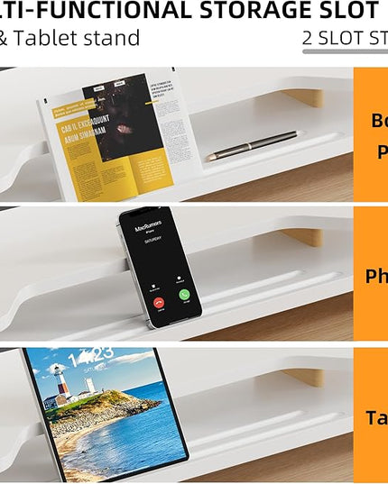 2 Tier White Dual Monitor Stand Riser,Wider Board Computer Monitor Stand for 2 Monitors,Slot For Phone/Tablet Office Desktop Organizer for Laptop,PC,Computer,Printer,White