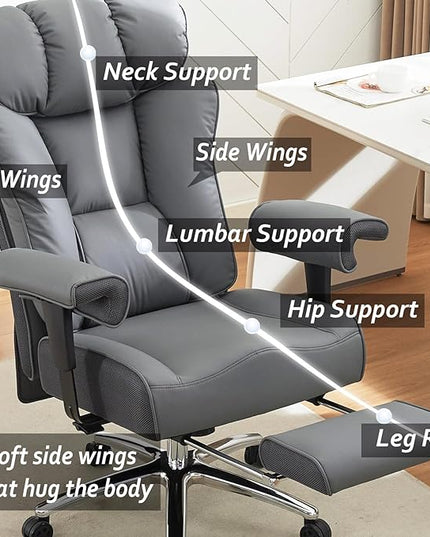 Efomao Big and Tall Office Chair 450LBS with Foot Rest, High Back PU Leather Executive Chair with Adjustable Padded Armrests, Lumbar Support for Home or Work, Heavy Duty Computer Chair, Grey