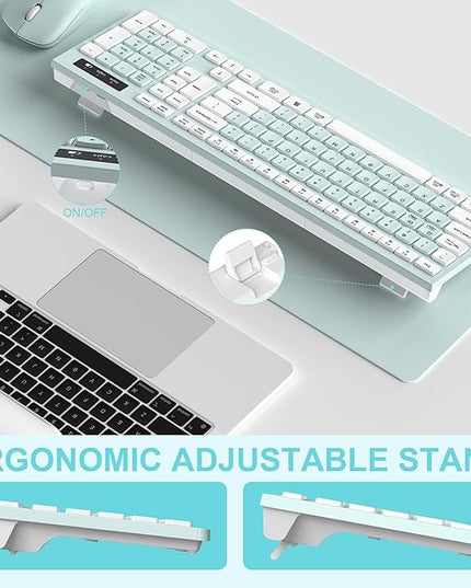 Wireless Keyboard and Mouse Combo, Full-Sized Wireless Keyboard and Adjustable DPI Mouse, 2.4GHz USB Receiver, Keyboard and Mouse for PC, Windows, Desktop, Laptop (Mint Green and White)