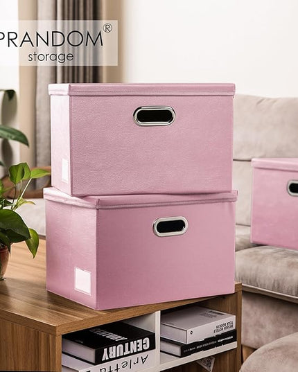 PRANDOM Large Collapsible Storage Box with Lid [1-Pack] Leather Fabric Foldable Storage Bin Organizer Container Basket Cube with Cover for Home Bedroom Closet Office Nursery Pink (17.7x11.8x11.8)