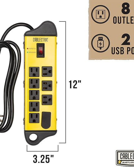 Heavy Duty Power Strip Surge Protector 8 Outlets with 6 ft Long Extension Cord 14 AWG, 15 Amp Metal Power Strip with 1350 Joules Surge for Workshop - ETL Listed