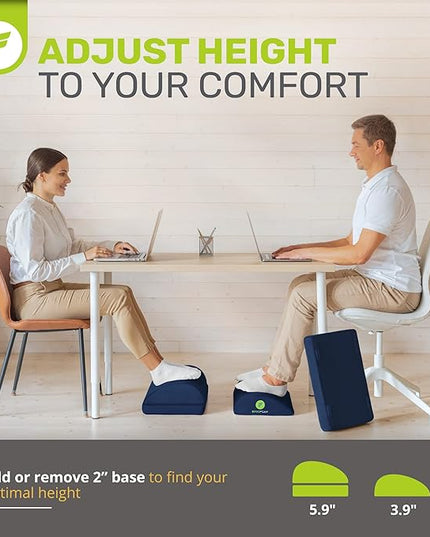 ErgoFoam Foot Rest - Chiropractor-Endorsed Orthopedic Teardrop Design 2in1 Adjustable Premium Under Desk Footrest for Lumbar, Back, Knee Pain (Navy Blue)