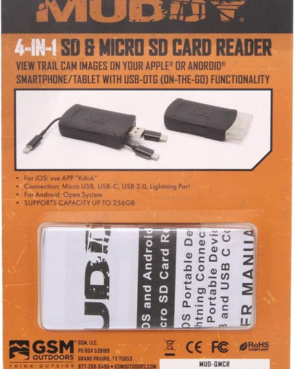 MUDDY 4-in-1 Multi Card Reader for Trail Camera Image and Video Viewing with OTG Support and Apple and Android Compatibility (Black)