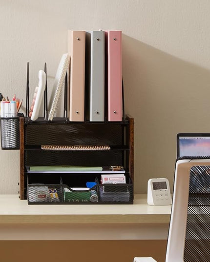 Y YOMA Wooden Desk Organizer, 4-Tier Mesh Desk Organizer with Drawer, Paper Tray & 5 Vertical File Holders, 2 Pen Holders, Desktop Organizer and Accessories for Home Office Dorm