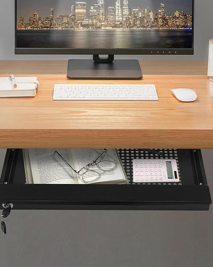 LEYSRIS 17.72" Lx1.8 H Under Desk Storage Drawer with Holes, Locking Design Black Sliding Pull-Out Drawer for Sit Stand Workstation