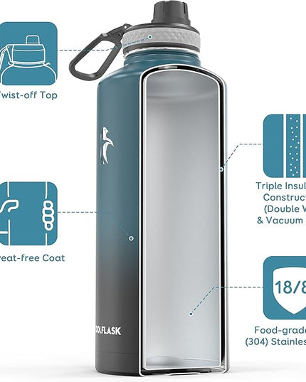 Coolflask Water Bottle 87 oz with Straw, 2/3 Gallon Insulated Stainless Steel Large 3 Lids Big Water Jug for Sports or Office, Non-BPA Keep Cold Up to 48 Hrs or Hot Up to 24 Hrs, Samurai Cyan
