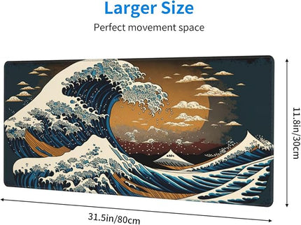 Big Japanese Wave Gaming Mouse Pad XL, Large Non Slip Rubber Mousepad, Stitched Edges Mouse Pads, Long Extended Mouse Pad,31.5'' X 11.8''