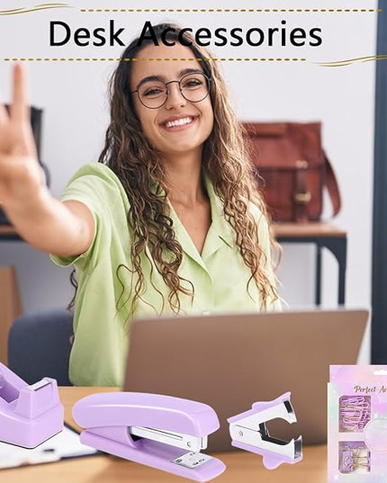 Office Supplies Set,Desk Accessories,Stapler and Tape Dispenser Set,1000 Staples,Staple Remover,Hinder Clips,Ruler,Scissor,Clear Tape,Ballpoint Pen,Sticky Notes,Gifts for Colleagues(Purple)