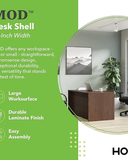HON MOD Executive Desk 60-Inch Large Computer Desk Shell, Thick Wooden Laminate, Modern Table with Cord Management, 60" W x 30" D x 29" H, Walnut