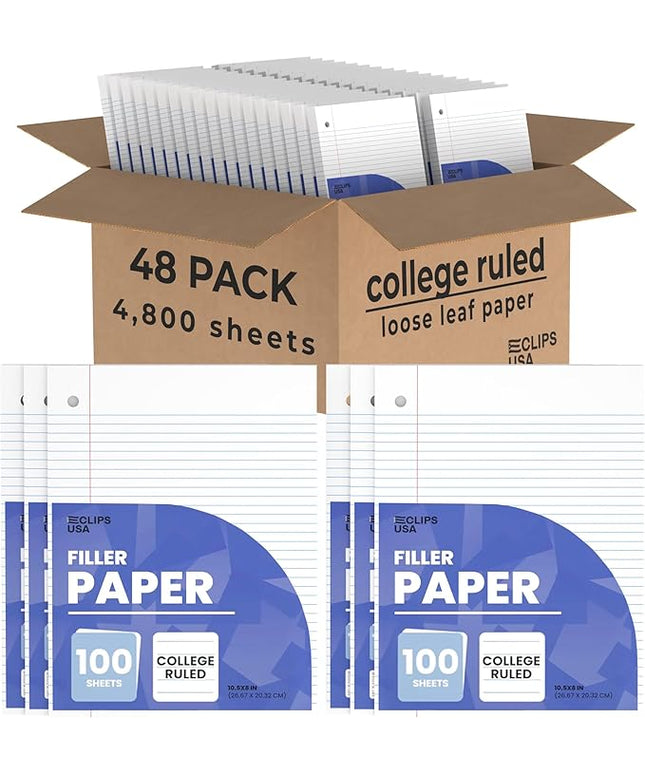 Loose Leaf Paper College Ruled Notebook Paper College Ruled Lined Writing Filler Paper 10.5” x 8” 4800 Sheets 100 Sheets Per Pack 60 gsm (48 Pack)