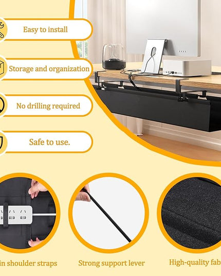No Drill Under-Desk Cable Management Tray, Desktop Cable Organizer, Fabric Storage Tray, Two Installation Methods, Suitable for Office/Home Use. (13 * 27in)