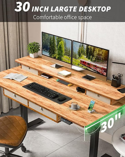 Kingant Standing Desk with Drawers & USB Charging Port, 63" x 30" Height Adjustable Home Office & Gaming Desk, Sit Stand Desk with Built-in Storage Shelf, Hook & Ergonomic Design(Light Rustic)