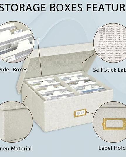 Decorative Photo Storage Box - Linen Photo Box Organizer with Dividers, Fits Holds Up to 1700 Pictures and 4x6 Photos, Memory Keepsake Organizer for Photos, Scrapbook Supplies, Cards, Stamps (Beige)
