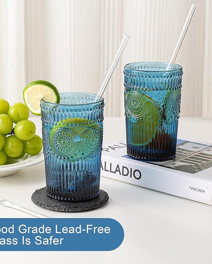 Vintage Glassware Drinking Glasses Set of 6,13 oz Blue Textured Flower Design Glass Water Tumblers，Embossed Striped Drinkware for Water,Cocktails,Juice,Iced Coffee