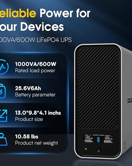 GOLDENMATE 1000VA/600W Lithium UPS Battery Backup and Surge Protector, Backup Battery Power Supply with LiFePO4 Batteries(153.6 Wh), Sinewave UPS System, 10 Years Lifespan, 8-Outlets, LCD Display
