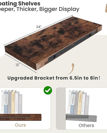 Heimlove 24 x 12 Inch Deep Floating Shelves Wall Mounted with Invisible Brackets,Storage Hanging Shelf for Wall Decor in Bathroom, Bedroom, Kitchen, Living Room, Office Set of 2 (Rustic Brown)