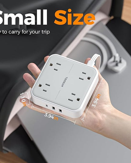 Surge Protector Power Strip, TESSAN Ring Pull Flat Plug Extension Cord 10 Ft with 3 USB (1 USB C) 4 Outlets, 900 Joules Protection, Desktop Charging Station for Home, Office, College, Dorm Room, Gray